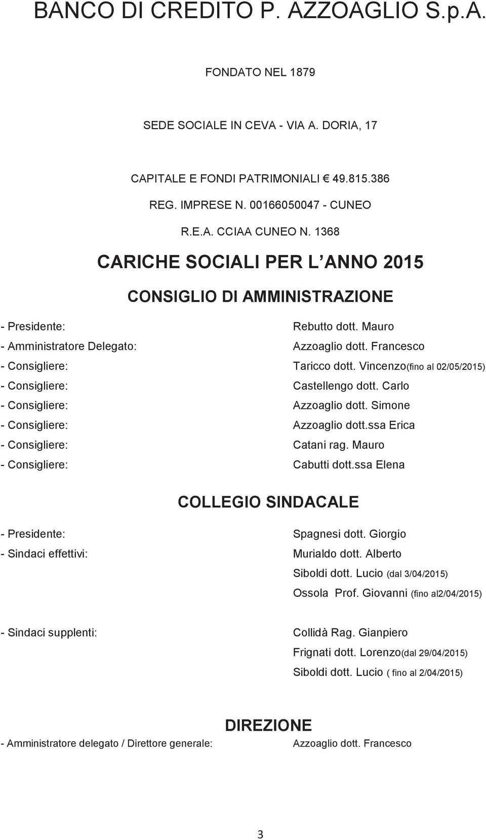 Vincenzo(fino al 02/05/2015) - Consigliere: Castellengo dott. Carlo - Consigliere: Azzoaglio dott. Simone - Consigliere: Azzoaglio dott.ssa Erica - Consigliere: Catani rag.