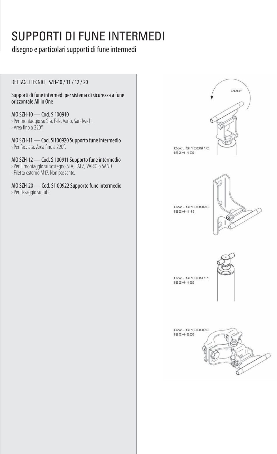 AIO SZH-11 Cod. SI100920 Supporto fune intermedio Per facciata. Area fino a 220. AIO SZH-12 Cod.