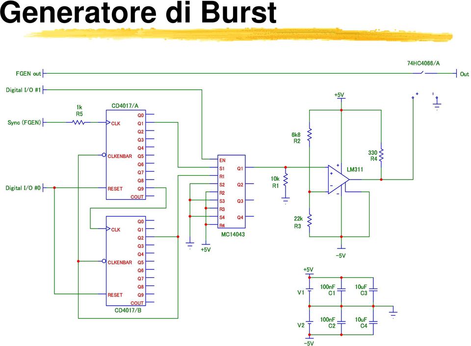 Q0 Q1 Q2 Q3 Q4 Q5 Q6 Q7 Q8 Q9 COUT CD4017/B EN S1 R1 S2 R2 S3 R3 S4 R4 Q1 Q2 Q3 Q4 MC14043 LM311 V1 V2 +5V -5V Digital I/O #0