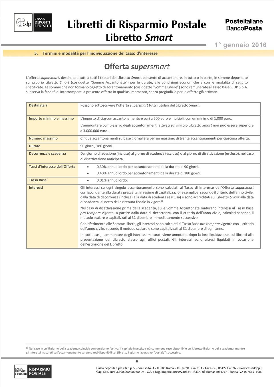 Le somme che non formano oggetto di accantonamento (cosiddette Somme Libere ) sono remunerate al Tasso Base. CDP S.p.A.