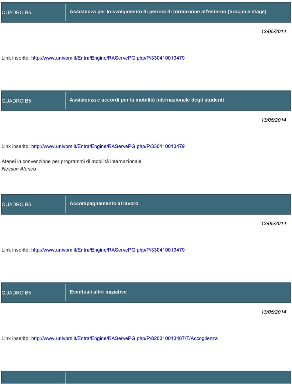 php/p/330110013479 Atenei in convenzione per programmi di mobilità internazionale Nessun Ateneo QUADRO B5 Accompagnamento al lavoro 13/05/2014 Link inserito: http://www.