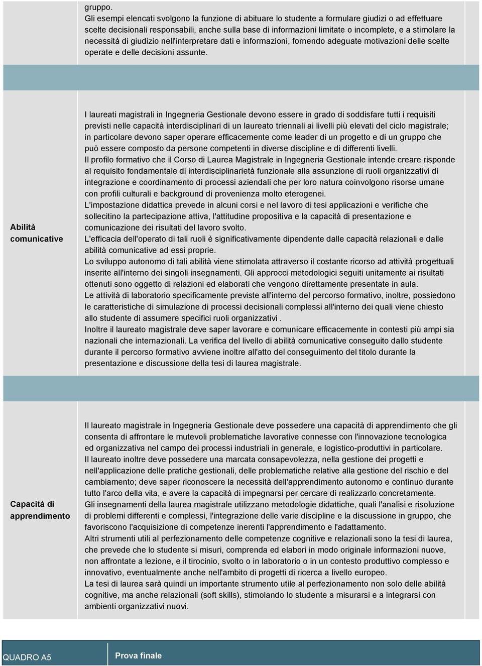 stimolare la necessità di giudizio nell'interpretare dati e informazioni, fornendo adeguate motivazioni delle scelte operate e delle decisioni assunte.