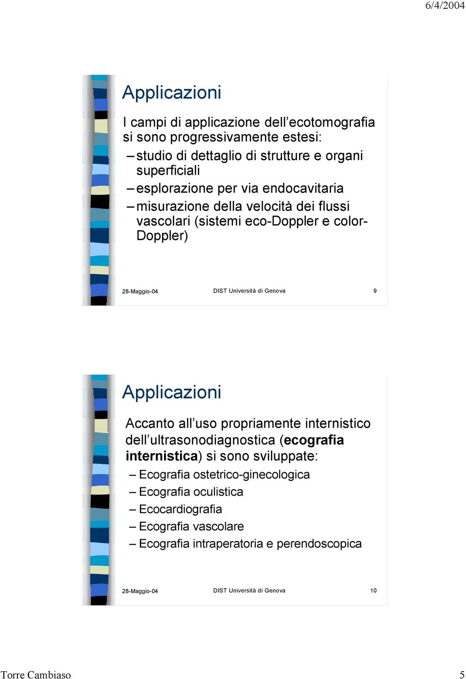 Genova 9 Applicazioni Accanto all uso propriamente internistico dell ultrasonodiagnostica (ecografia internistica) si sono sviluppate: Ecografia