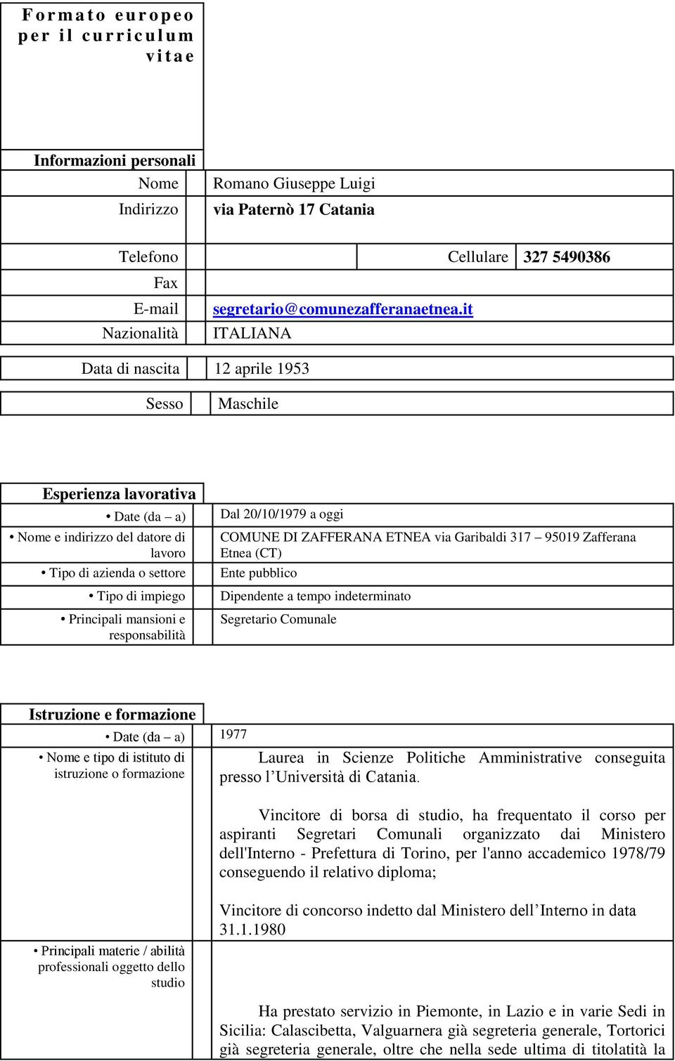 it Nazionalità ITALIANA Data di nascita 12 aprile 1953 Sesso Maschile Esperienza lavorativa Date (da a) Nome e indirizzo del datore di lavoro Tipo di azienda o settore Tipo di impiego Principali