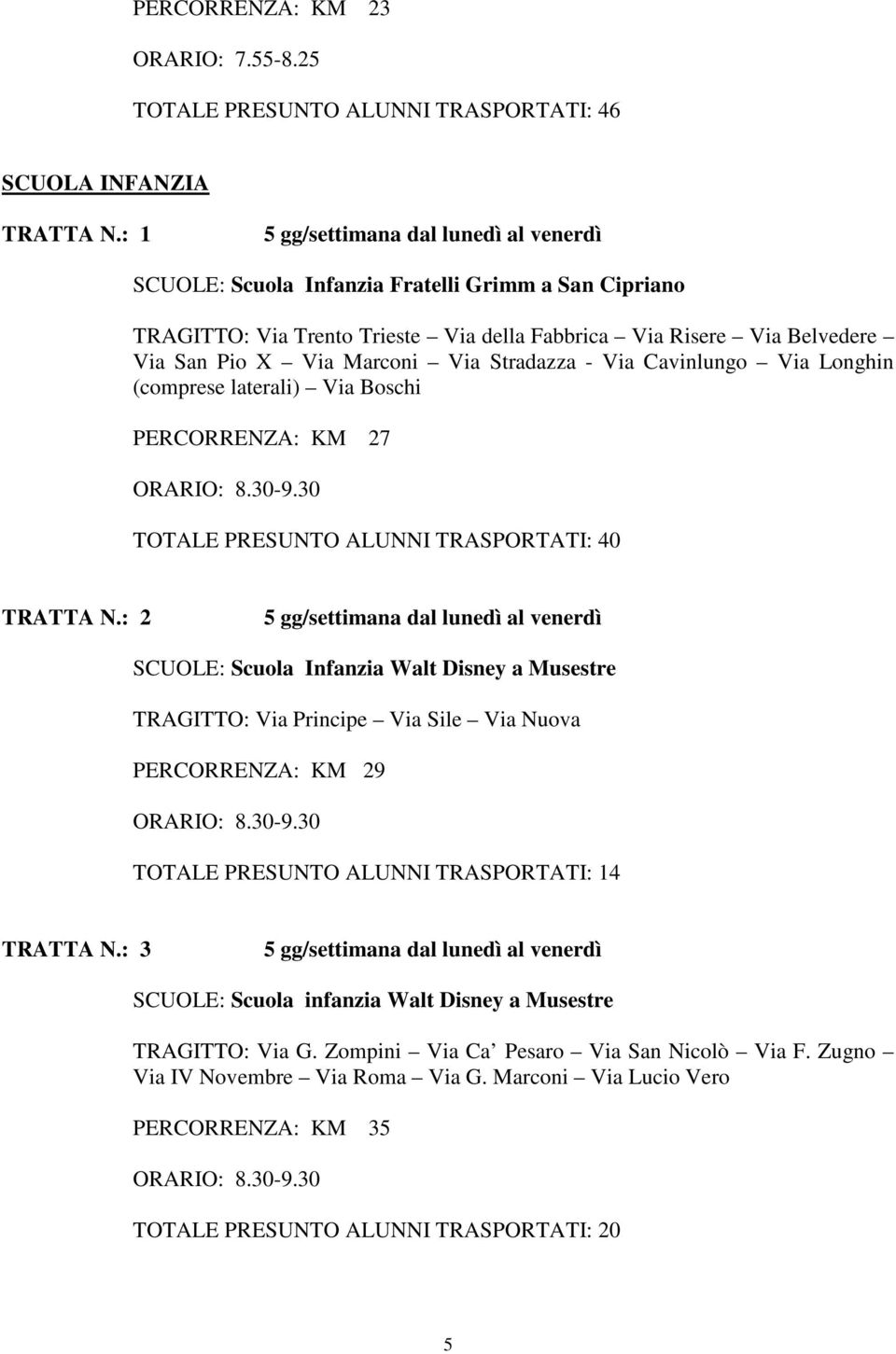 Stradazza - Via Cavinlungo Via Longhin (comprese laterali) Via Boschi PERCORRENZA: KM 27 8.30-9.30 TOTALE PRESUNTO ALUNNI TRASPORTATI: 40 TRATTA N.