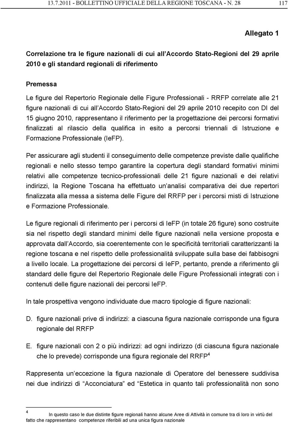 Figure Professionali - RRFP correlate alle 21 figure nazionali di cui all Accordo Stato-Regioni del 29 aprile 2010 recepito con DI del 15 giugno 2010, rappresentano il riferimento per la