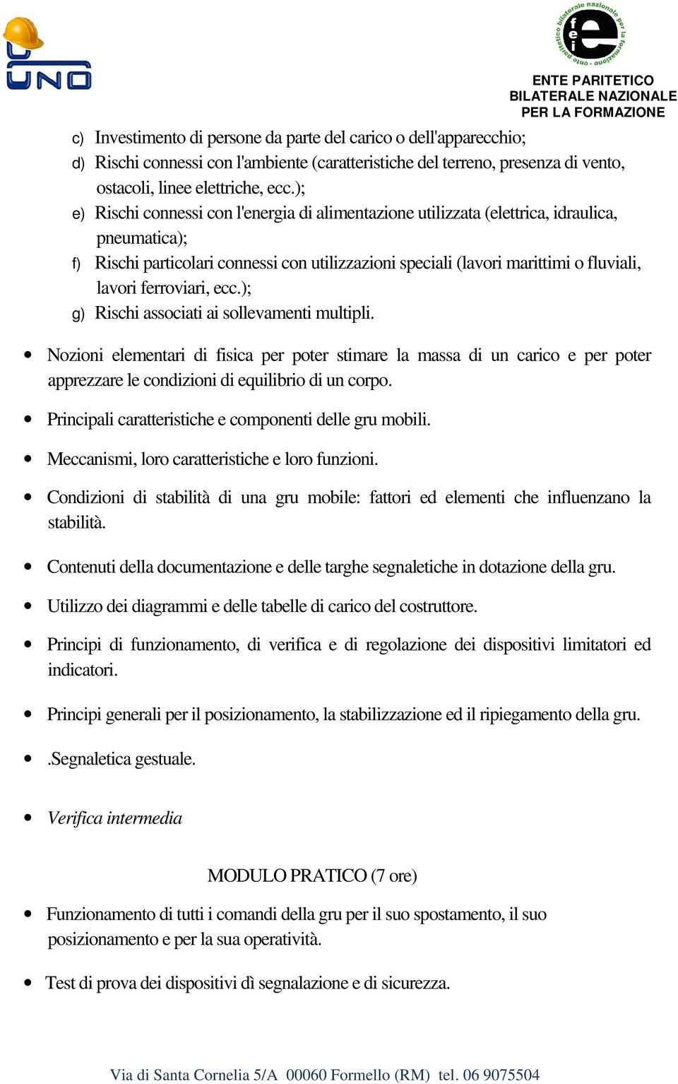 ferroviari, ecc.); g) Rischi associati ai sollevamenti multipli. Nozioni elementari di fisica per poter stimare la massa di un carico e per poter apprezzare le condizioni di equilibrio di un corpo.