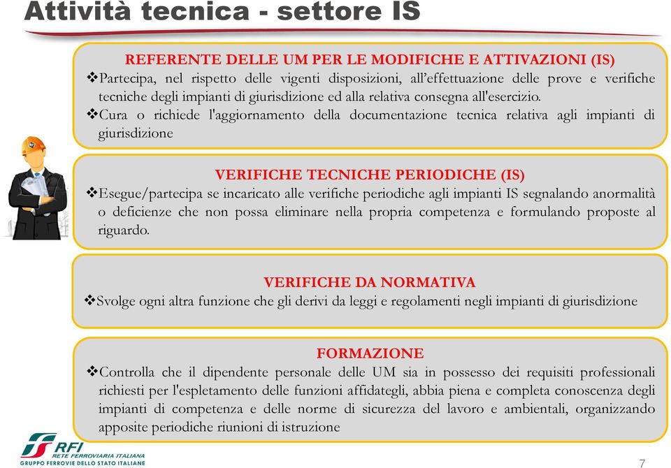 Cura o richiede l'aggiornamento della documentazione tecnica relativa agli impianti di giurisdizione VERIFICHE TECNICHE PERIODICHE (IS) Esegue/partecipa se incaricato alle verifiche periodiche agli