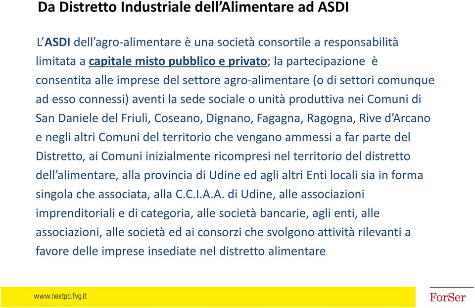 Rive d Arcano e negli altri Comuni del territorio che vengano ammessi a far parte del Distretto, ai Comuni inizialmente ricompresi nel territorio del distretto dell alimentare, alla provincia di