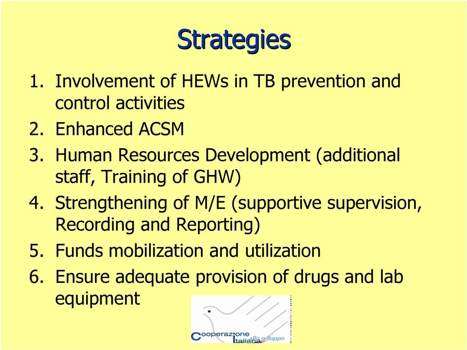 Human Resources Development (additional staff, Training of GHW) 4.