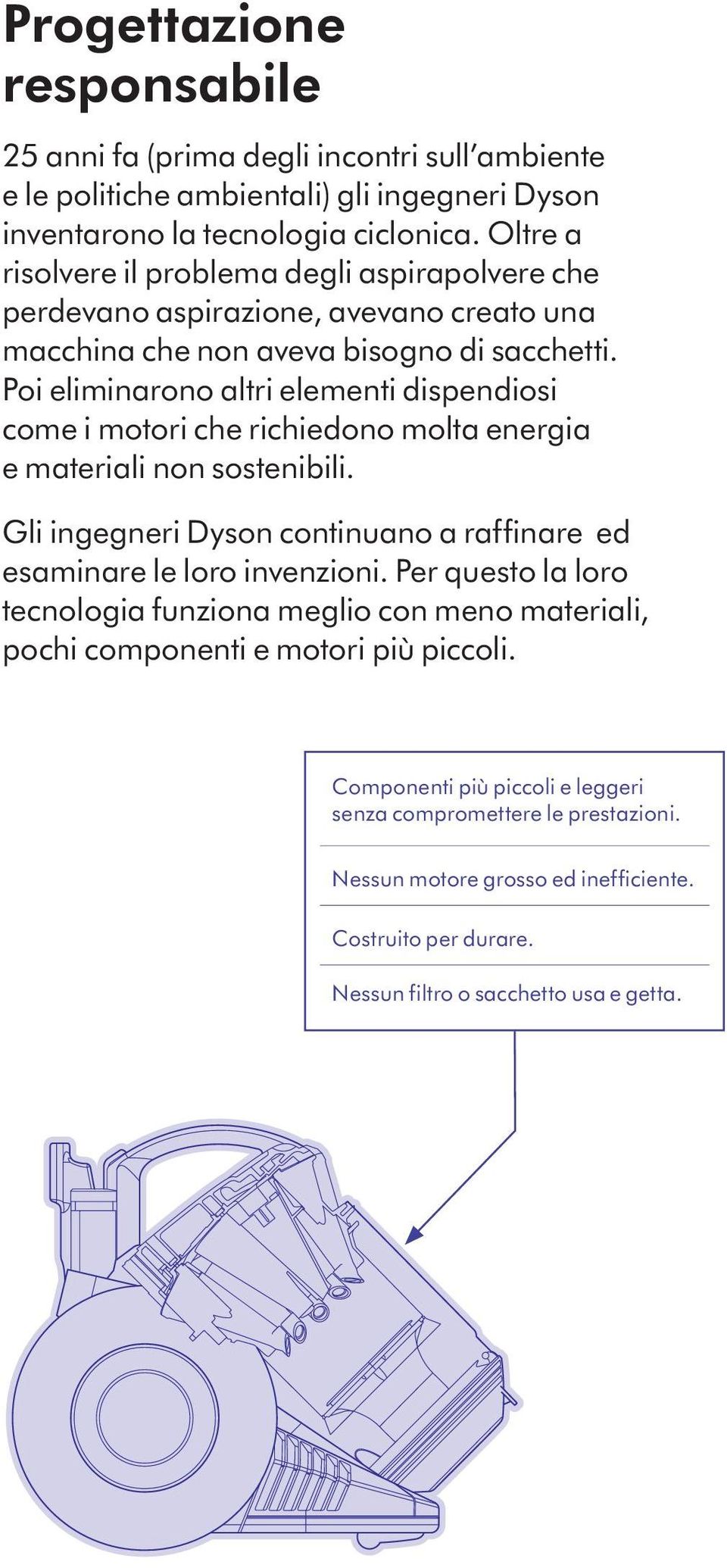 Poi eliminarono altri elementi dispendiosi come i motori che richiedono molta energia e materiali non sostenibili. Gli ingegneri Dyson continuano a raffinare ed esaminare le loro invenzioni.