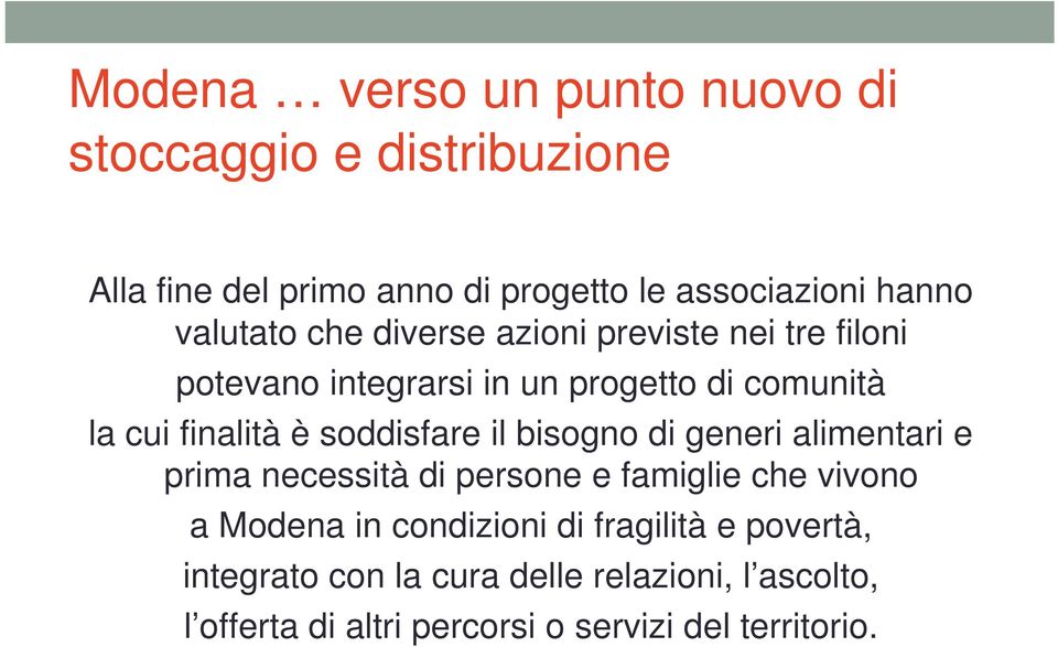 soddisfare il bisogno di generi alimentari e prima necessità di persone e famiglie che vivono a Modena in condizioni di