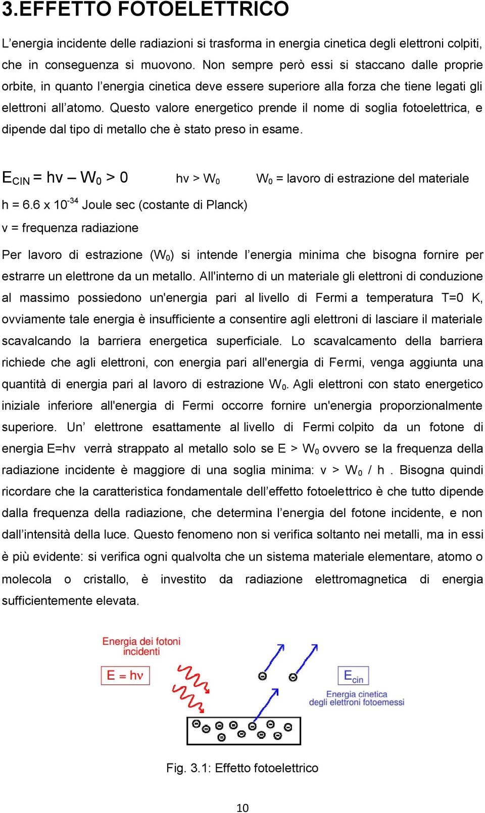 Questo valore energetico prende il nome di soglia fotoelettrica, e dipende dal tipo di metallo che è stato preso in esame. E CIN = hv W 0 > 0 hv > W 0 W 0 = lavoro di estrazione del materiale h = 6.