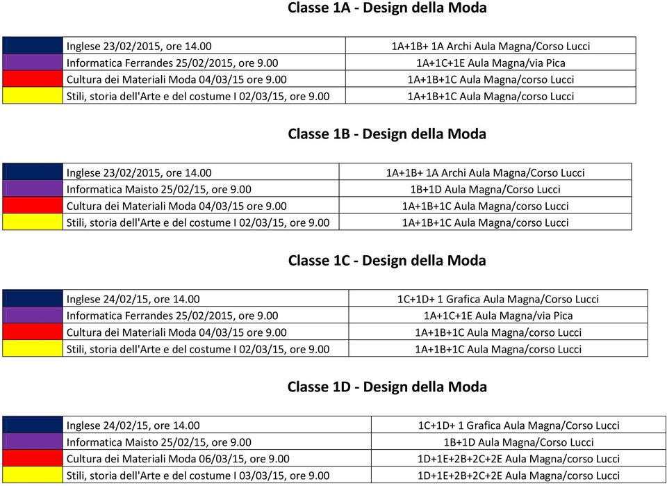 00 Informatica Maisto 25/02/15, ore 9.00 Cultura dei Materiali Moda 04/03/15 ore 9.00 Stili, storia dell'arte e del costume I 02/03/15, ore 9.