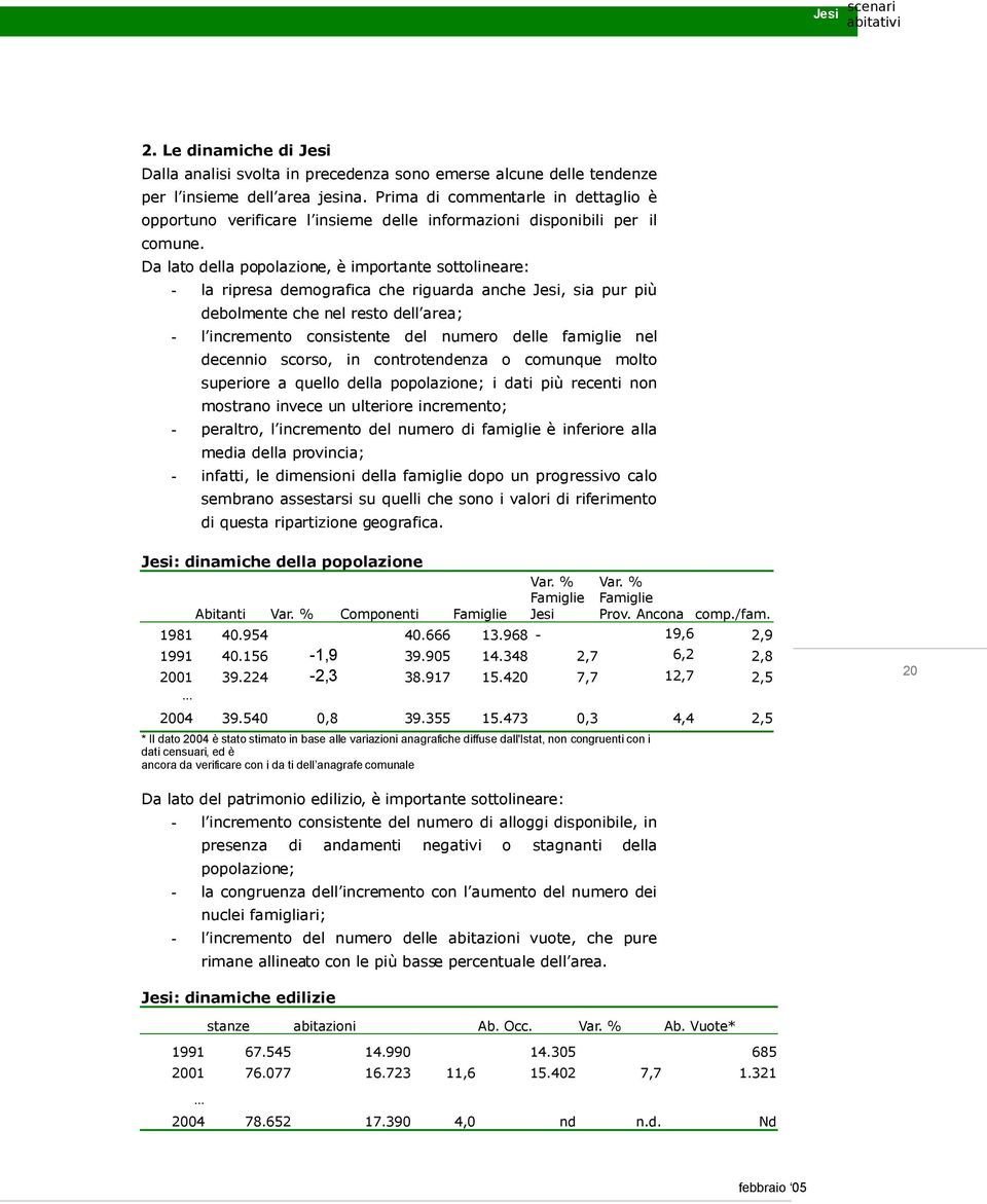 Da lato della popolazione, è importante sottolineare: - la ripresa demografica che riguarda anche Jesi, sia pur più debolmente che nel resto dell area; - l incremento consistente del numero delle