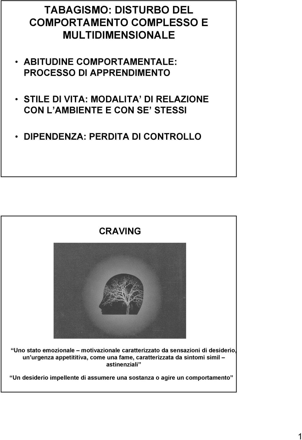 CRAVING Uno stato emozionale motivazionale caratterizzato da sensazioni di desiderio, un urgenza appetititiva, come