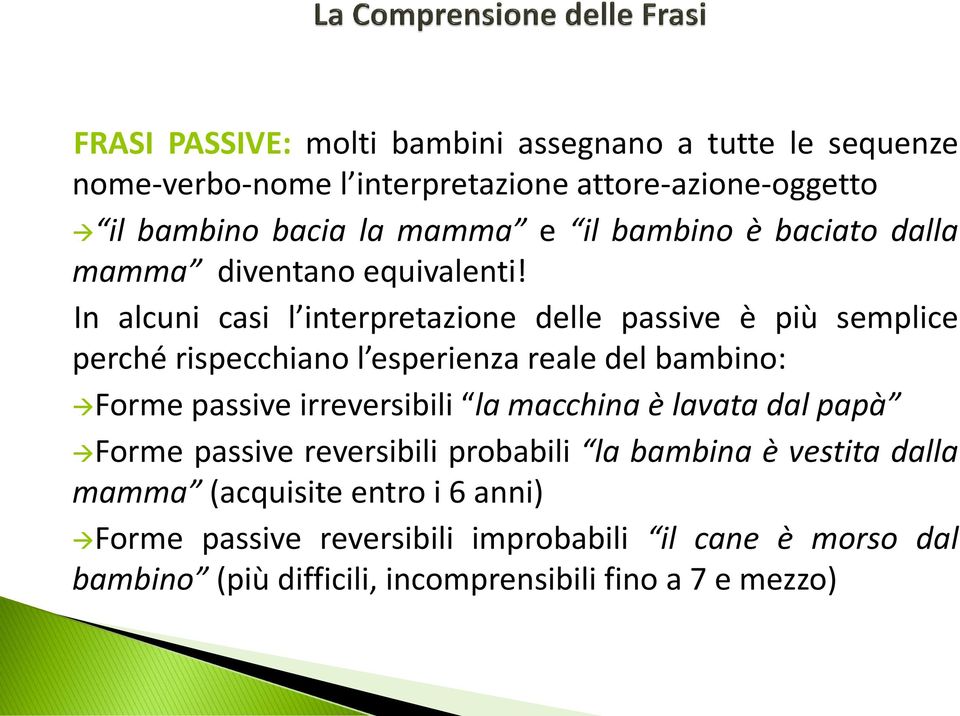 In alcuni casi l interpretazione delle passive è più semplice perché rispecchiano l esperienza reale del bambino: Forme passive irreversibili la