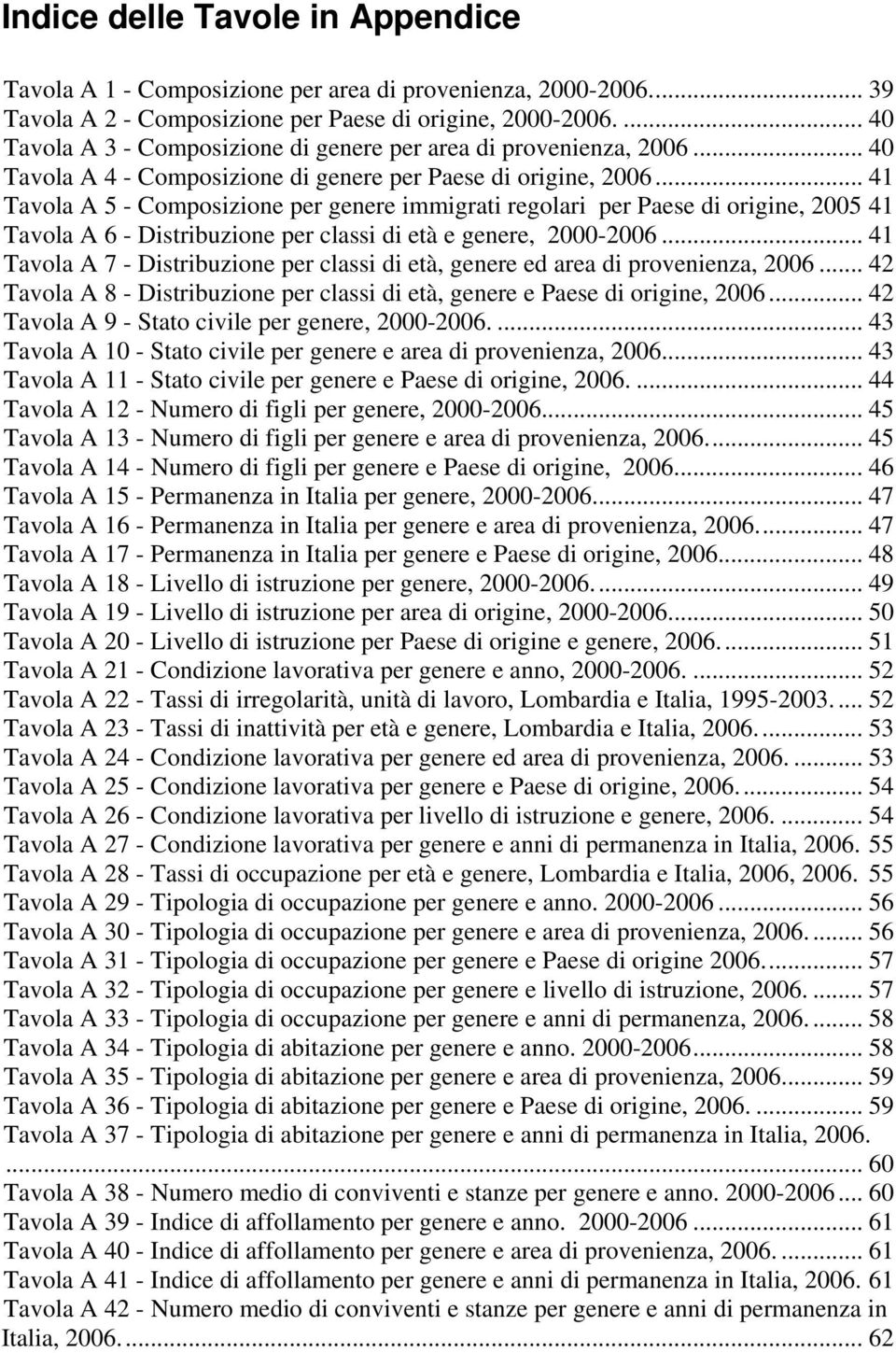 .. 41 HTavola A 5 - Composizione per genere immigrati regolari per Paese di origine, 2005 41 HTavola A 6 - Distribuzione per classi di età e genere, 2000-2006.