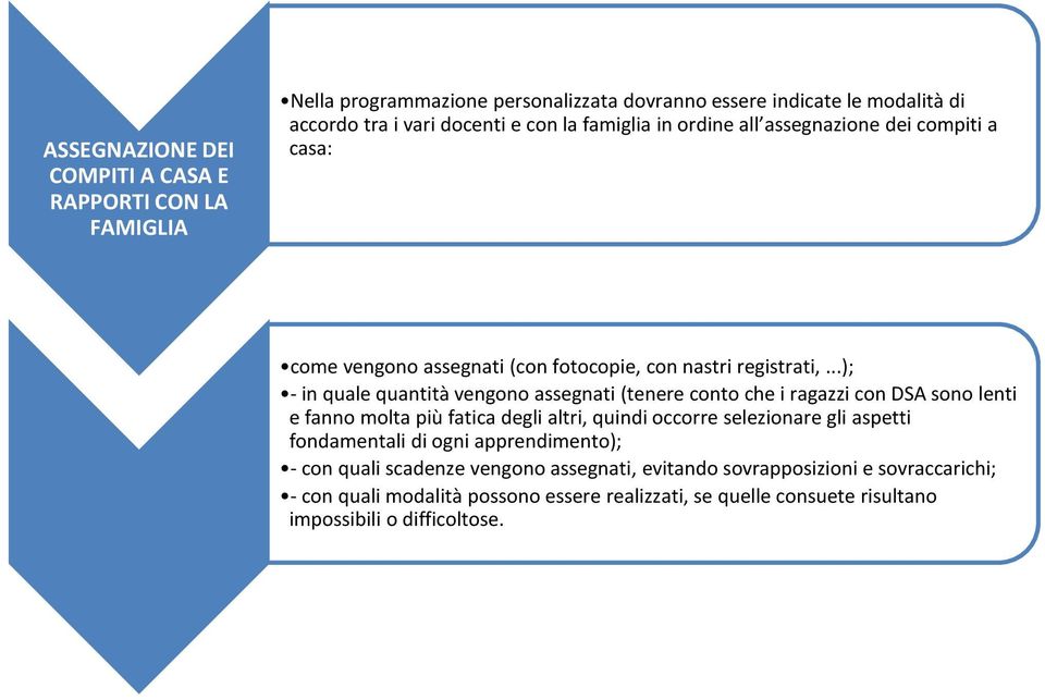 ..); - in quale quantità vengono assegnati (tenere conto che i ragazzi con DSA sono lenti e fanno molta più fatica degli altri, quindi occorre selezionare gli aspetti