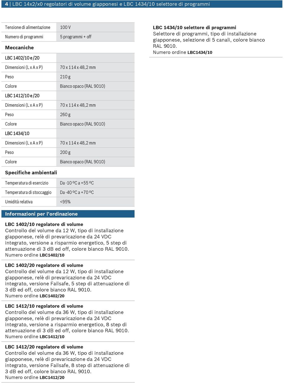 Nmero ordine LBC1434/10 LBC 1412/10 e /20 260 g LBC 1434/10 200 g Specifiche ambientali Temperatra di esercizio Da -10 ºC a +55 ºC Temperatra di stoccaggio Da -40 ºC a +70 ºC Umidità relativa <95%