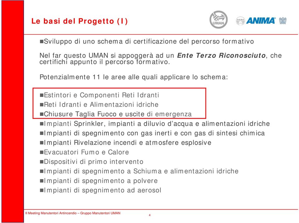 Potenzialmente 11 le aree alle quali applicare lo schema: Estintori e Componenti Reti Idranti Reti Idranti e Alimentazioni idriche Chiusure Taglia Fuoco e uscite di emergenza Impianti