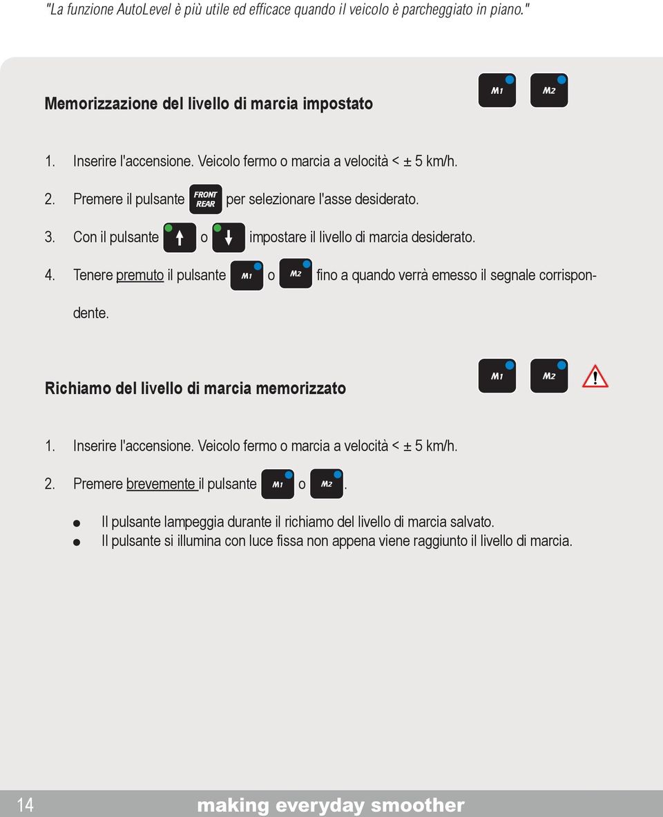 Tenere premuto il pulsante o fino a quando verrà emesso il segnale corrispondente. Richiamo del livello di marcia memorizzato 1. Inserire l'accensione.