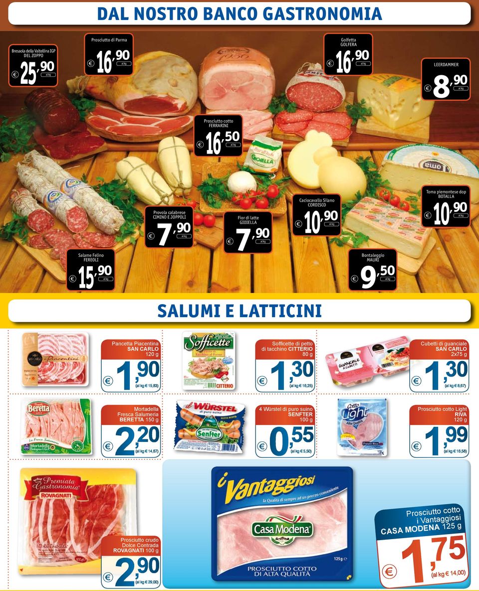 Piacentina SAN CARLO 120 g 1, 90 (al kg 15,83) 1 Mortadella Fresca Salumeria BERETTA 150 g 2, 20 (al kg 14,67) Sofficette di petto di tacchino CITTERIO 80 g, 30 (al kg 16,25) 4 Würstel di puro suino