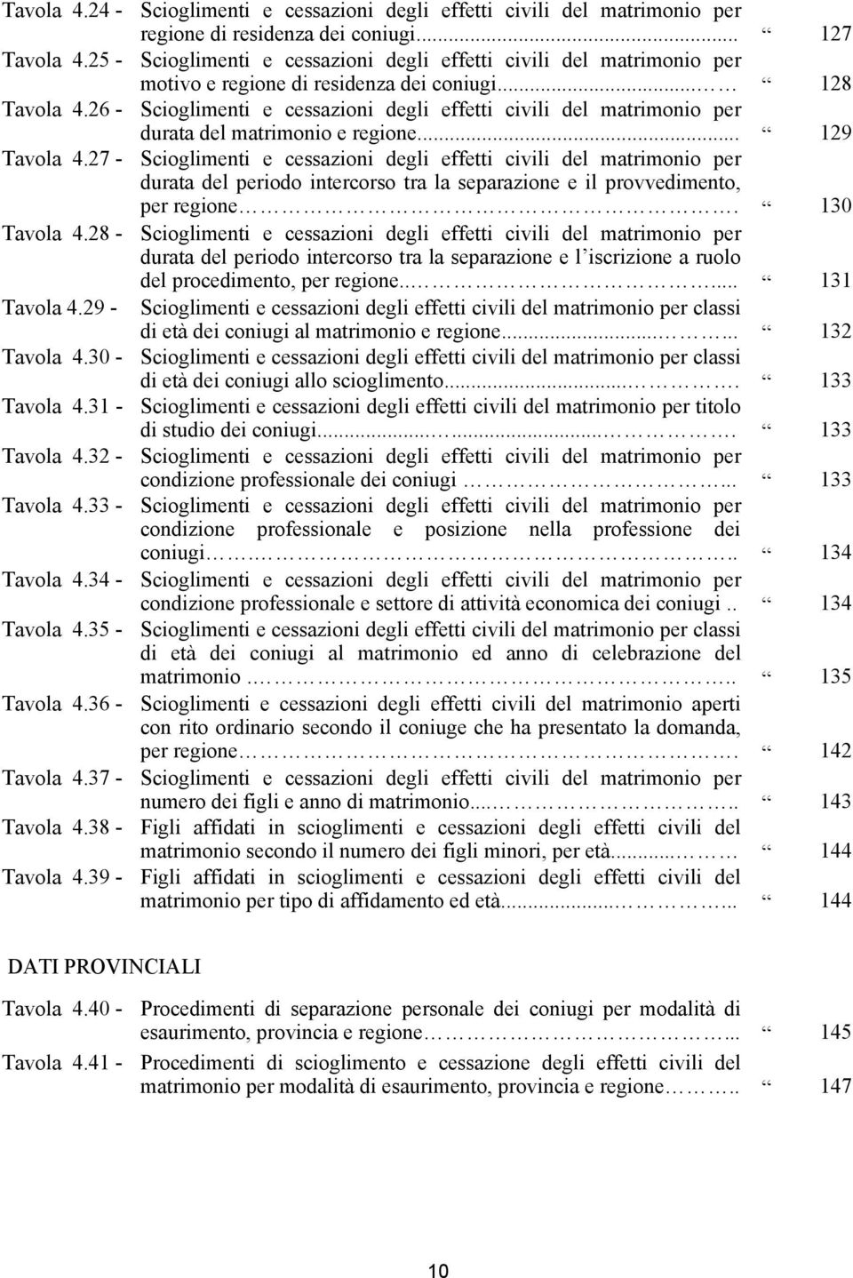 26 - Scioglimenti e cessazioni degli effetti civili del matrimonio per durata del matrimonio e regione... 129 Tavola 4.