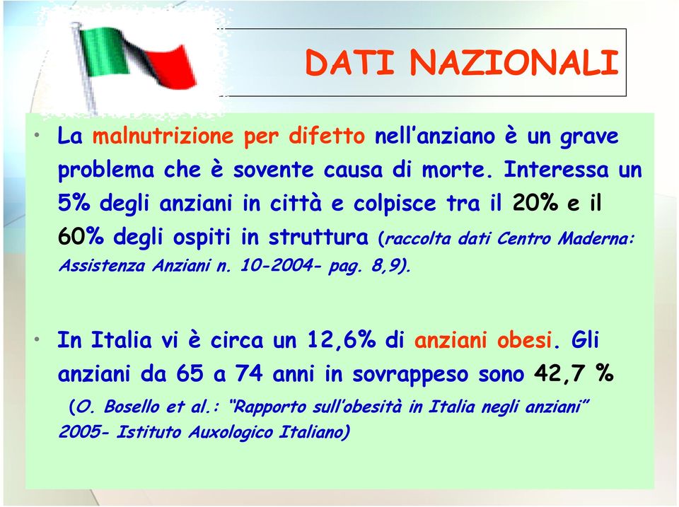 Maderna: Assistenza Anziani n. 10-2004- pag. 8,9). In Italia vi è circa un 12,6% di anziani obesi.