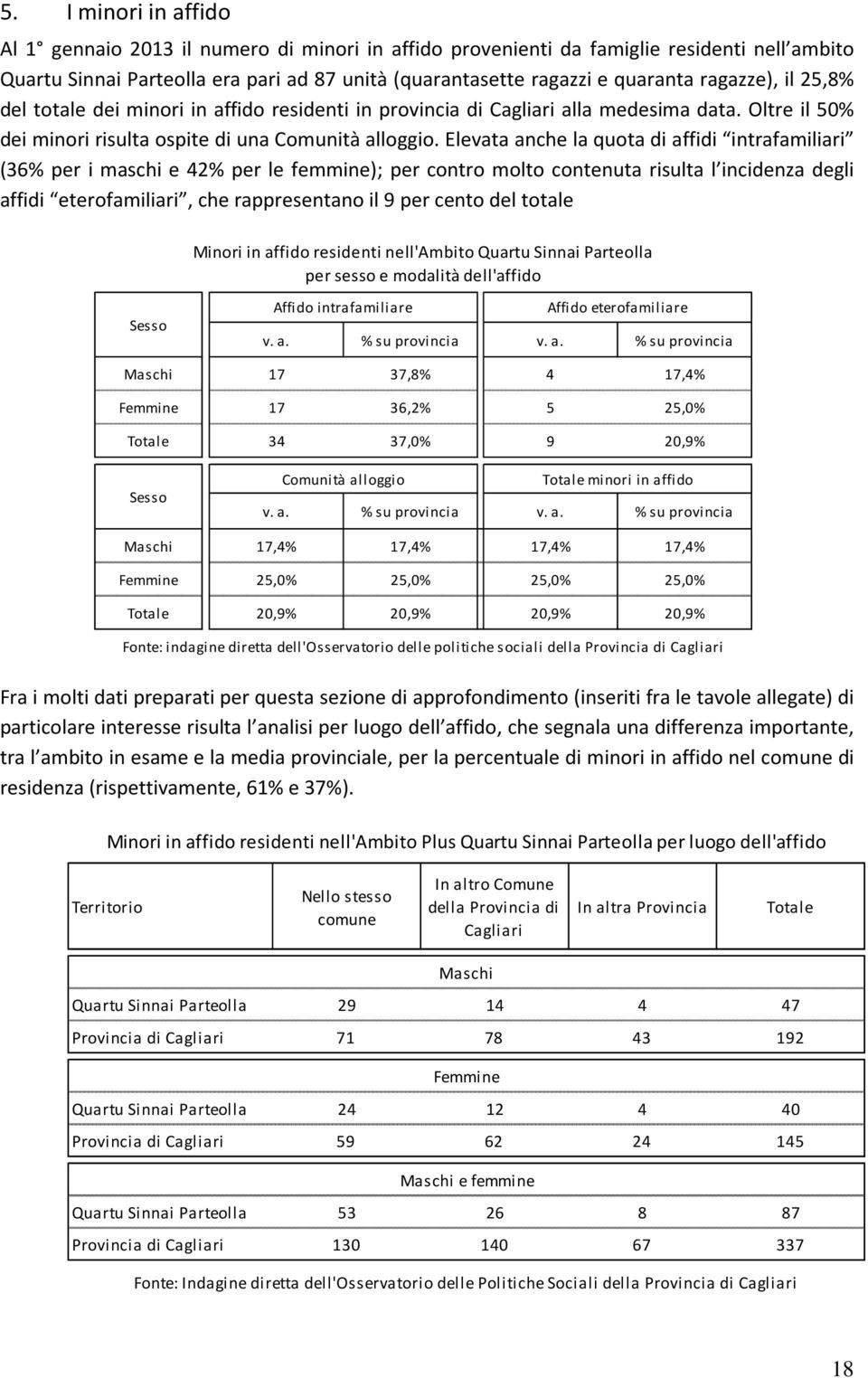 Elevata anche la quota di affidi intrafamiliari (36% per i maschi e 42% per le femmine); per contro molto contenuta risulta l incidenza degli affidi eterofamiliari, che rappresentano il 9 per cento