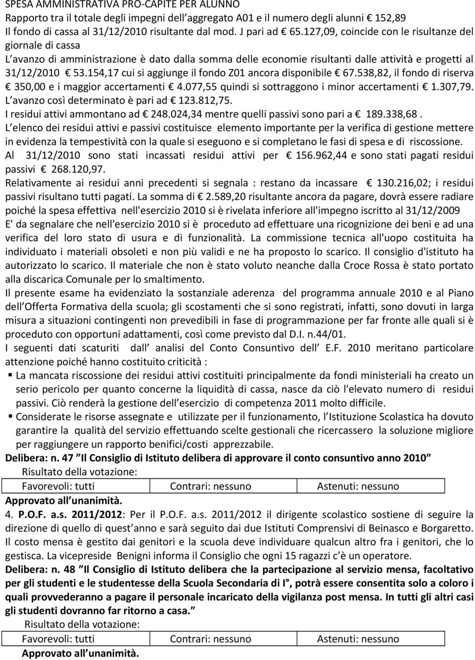 154,17 cui si aggiunge il fondo Z01 ancora disponibile 67.538,82, il fondo di riserva 350,00 e i maggior accertamenti 4.077,55 quindi si sottraggono i minor accertamenti 1.307,79.