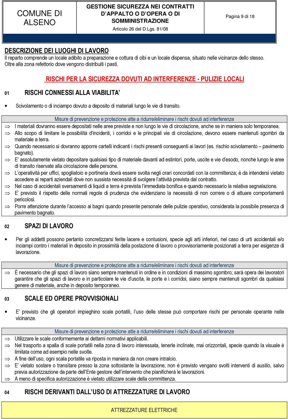 RISCHI PER LA SICUREZZA DOVUTI AD INTERFERENZE - PULIZIE LOCALI 01 RISCHI CONNESSI ALLA VIABILITA Scivolamento o di inciampo dovuto a deposito di materiali lungo le vie di transito.