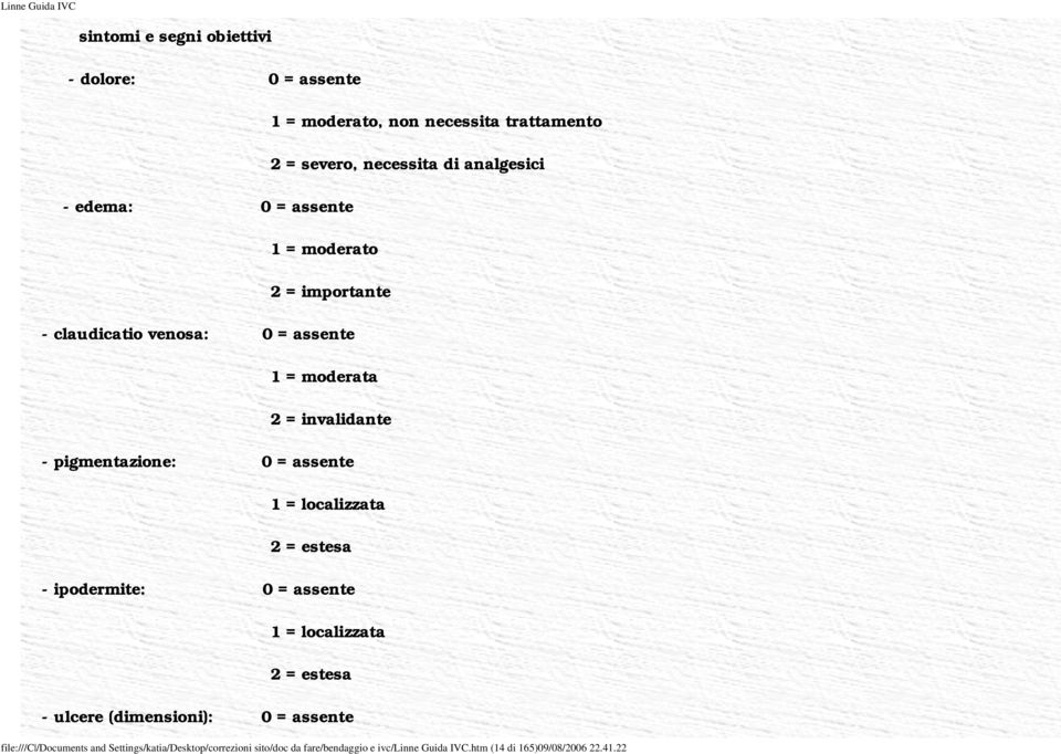 assente 1 = localizzata 2 = estesa - ipodermite: 0 = assente 1 = localizzata 2 = estesa - ulcere (dimensioni): 0 = assente