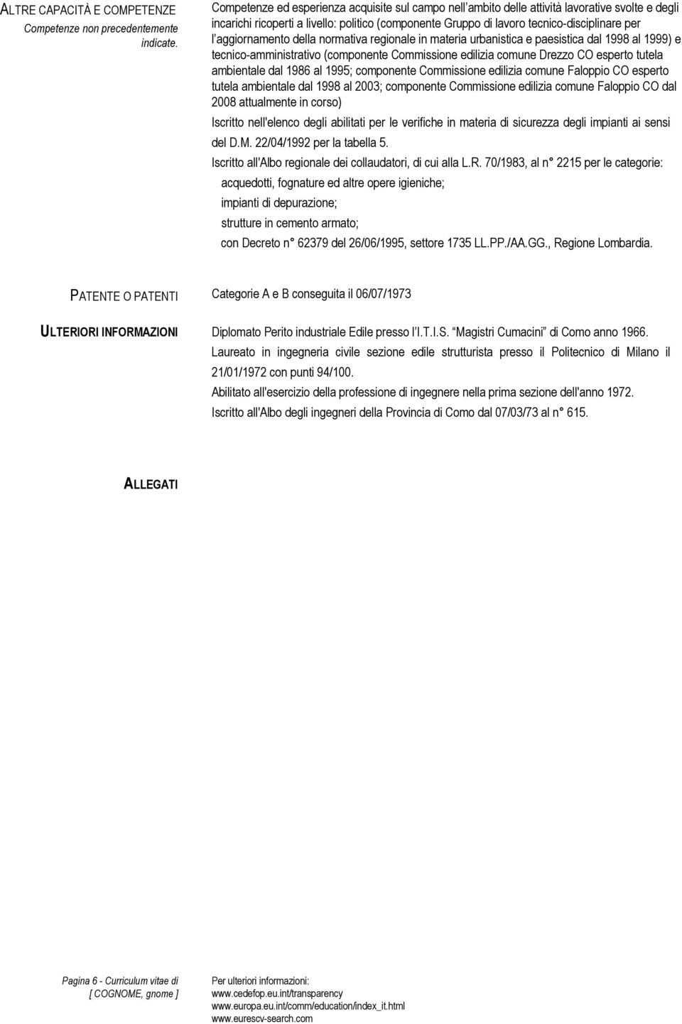 aggiornamento della normativa regionale in materia urbanistica e paesistica dal 1998 al 1999) e tecnico-amministrativo (componente Commissione edilizia comune Drezzo CO esperto tutela ambientale dal