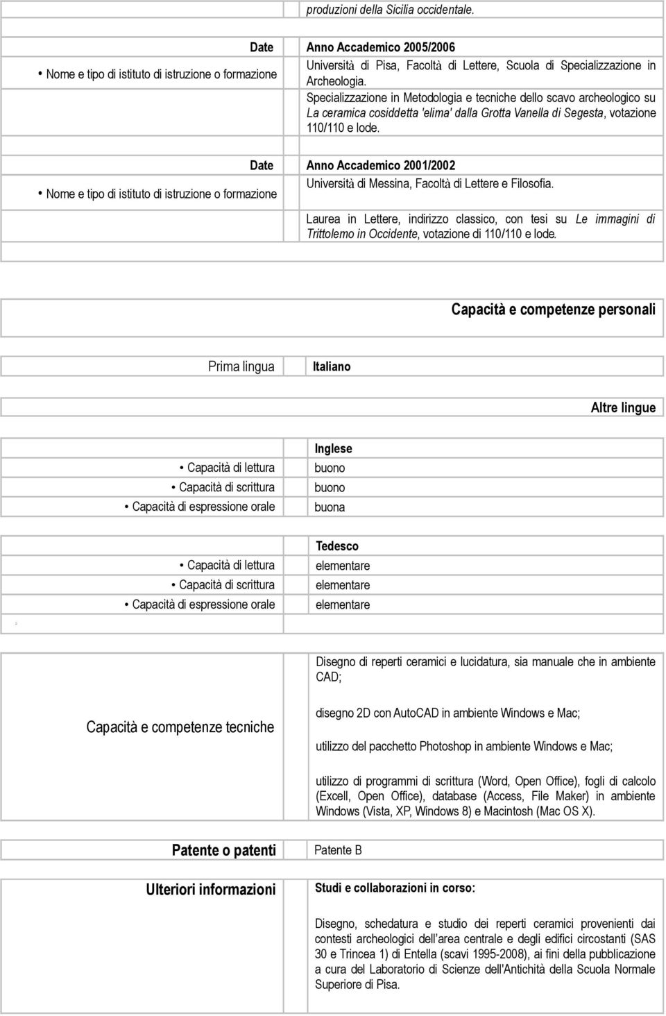 Specializzazione in Metodologia e tecniche dello scavo archeologico su La ceramica cosiddetta 'elima' dalla Grotta Vanella di Segesta, votazione 110/110 e lode.