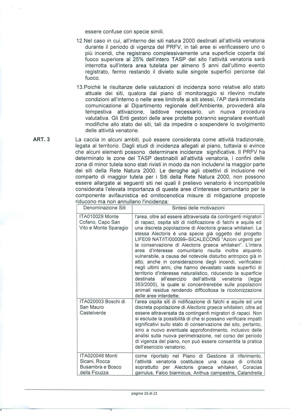 complessivamente una superficie coperta dal fuoco superiore al 25% dell'intero TASP del sito l'attività venatoria sarà interrotta sull'intera area tutelata per almeno 5 anni dall'ultimo evento