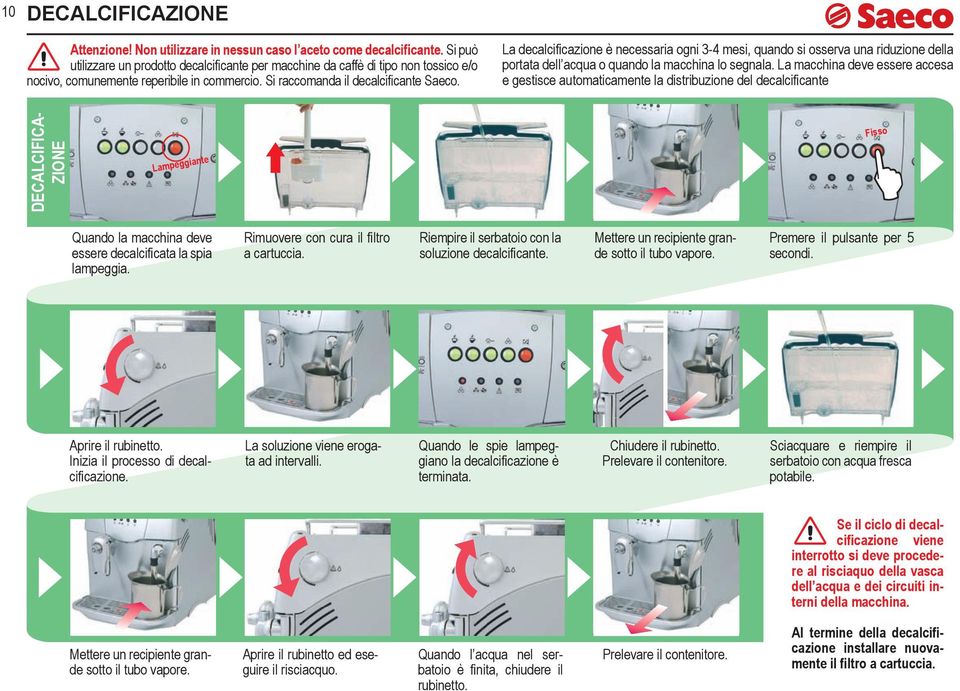 La decalcificazione è necessaria ogni 3-4 mesi, quando si osserva una riduzione della portata dell acqua o quando la macchina lo segnala.