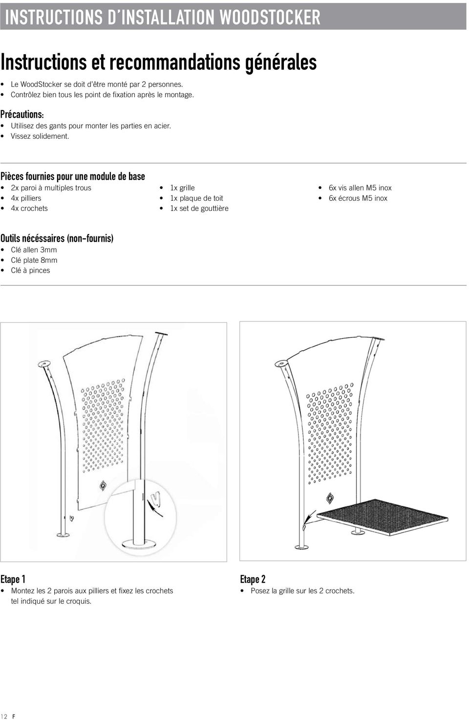 Pièces fournies pour une module de base 2x paroi à multiples trous 4x pilliers 4x crochets 1x grille 1x plaque de toit 1x set de gouttière 6x vis allen M5 inox 6x