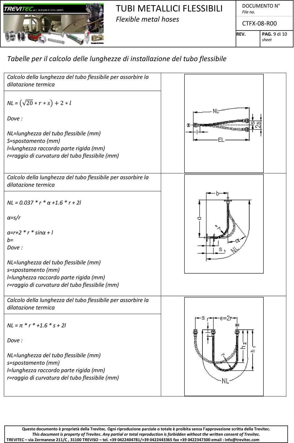tubo flessibile (mm) S=spostamento (mm) l=lunghezza raccordo parte rigida (mm) r=raggio di curvatura del tubo flessibile (mm) Calcolo della lunghezza del tubo flessibile per assorbire la dilatazione