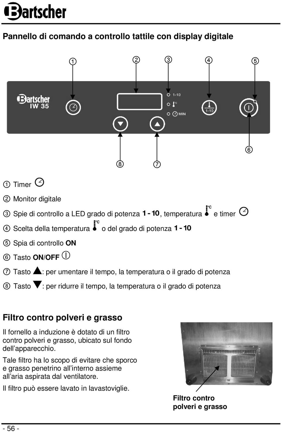 temperatura o il grado di potenza Filtro contro polveri e grasso Il fornello a induzione è dotato di un filtro contro polveri e grasso, ubicato sul fondo dell apparecchio.