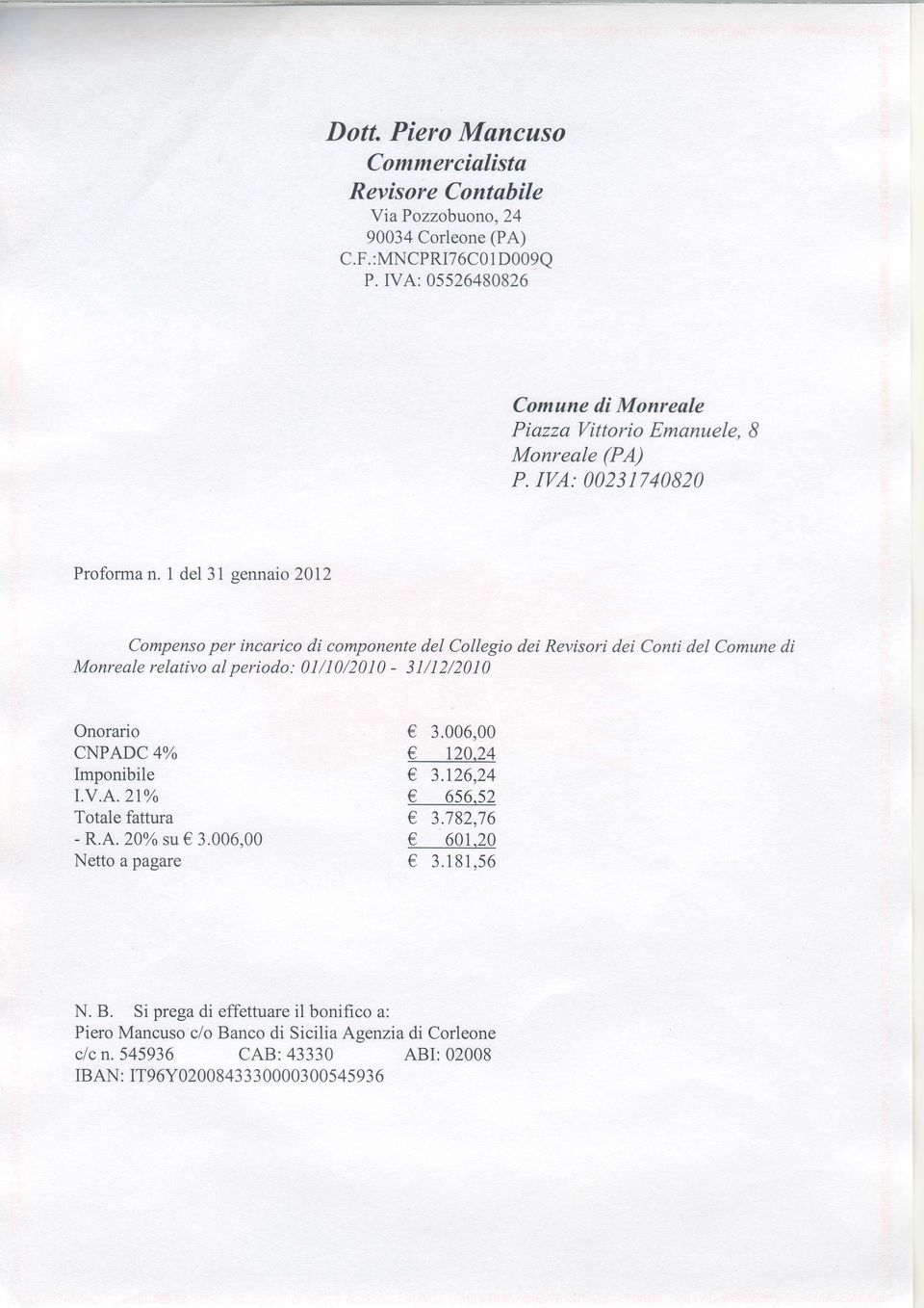 1 del 3I sennaio 2012 Compenso per incaríco di componente del Collegio deí Revisori dei Conti del Comune dí Monreale relativo al periodo: 01/10/2010-31/12/2010 Onorario CNPADC