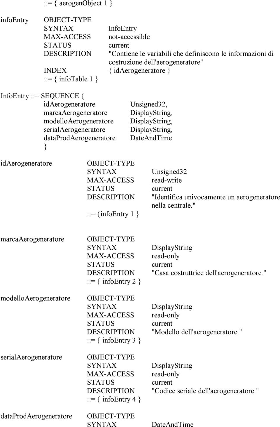 DisplayString, DisplayString, DateAndTime idaerogeneratore SYNTAX MAX-ACCESS DESCRIPTION ::= {infoentry 1 } Unsigned32 read-write "Identifica univocamente un aerogeneratore nella centrale.