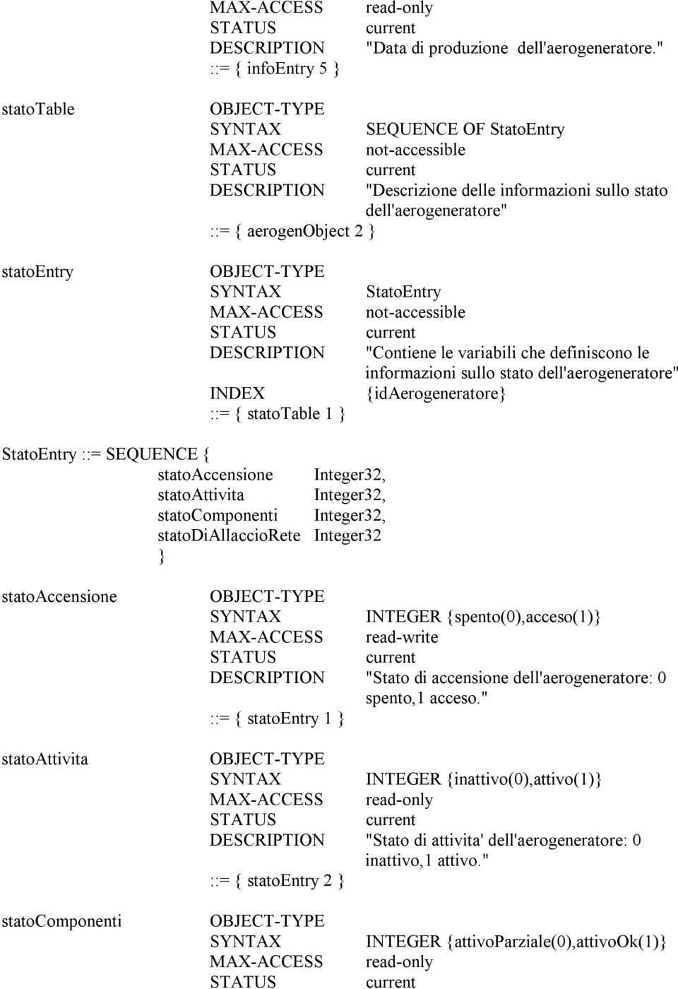 DESCRIPTION INDEX ::= { statotable 1 } StatoEntry not-accessible "Contiene le variabili che definiscono le informazioni sullo stato dell'aerogeneratore" {idaerogeneratore} StatoEntry ::= SEQUENCE {