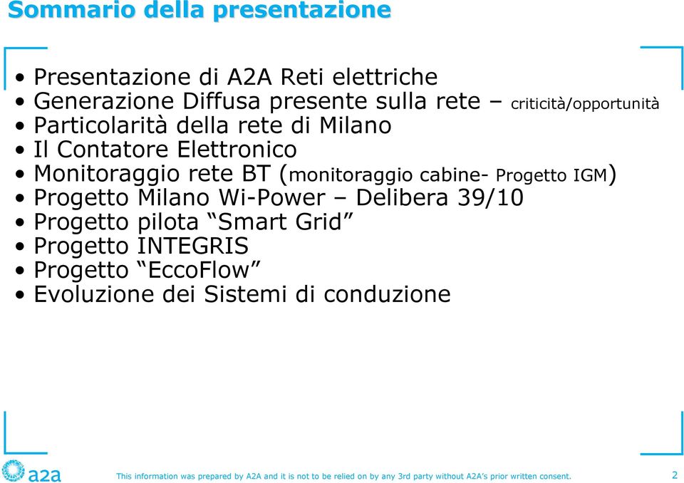 Progetto IGM) Progetto Milano Wi-Power Delibera 39/10 Progetto pilota Smart Grid Progetto INTEGRIS Progetto EccoFlow