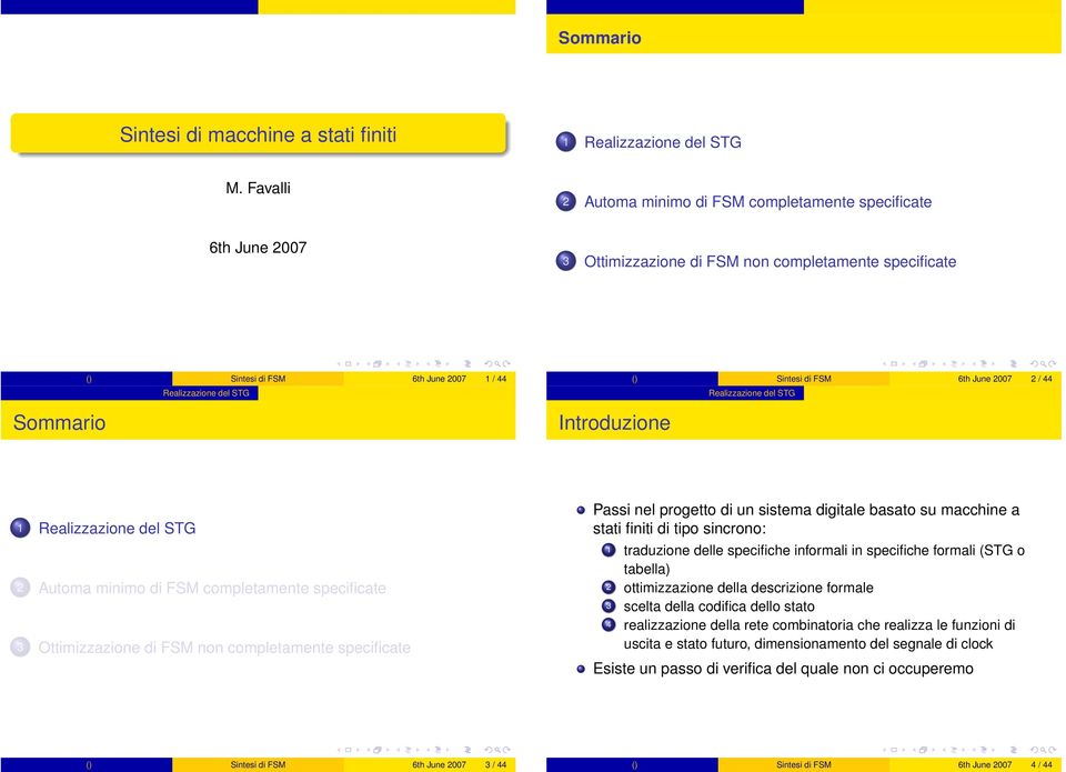 Introduzione () Sintesi di SM 6th June 2007 2 / 44 Realizzazione del ST 1 Realizzazione del ST 2 utoma minimo di SM completamente specificate 3 Ottimizzazione di SM non completamente specificate