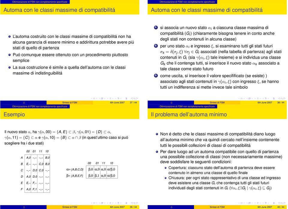 procedimento piuttosto semplice La sua costruzione é simile a quella dell automa con le classi massime di indistinguibilitá 1 si associa un nuovo stato α i a ciascuna classe massima di compatibilitá