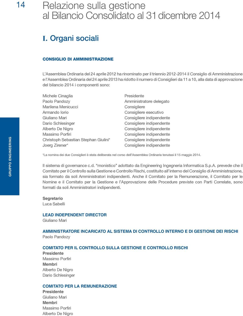 ha ridotto il numero di Consiglieri da 11 a 10, alla data di approvazione del bilancio 2014 i componenti sono: GRUPPO ENGINEERING Michele Cinaglia Paolo Pandozy Marilena Menicucci Armando Iorio