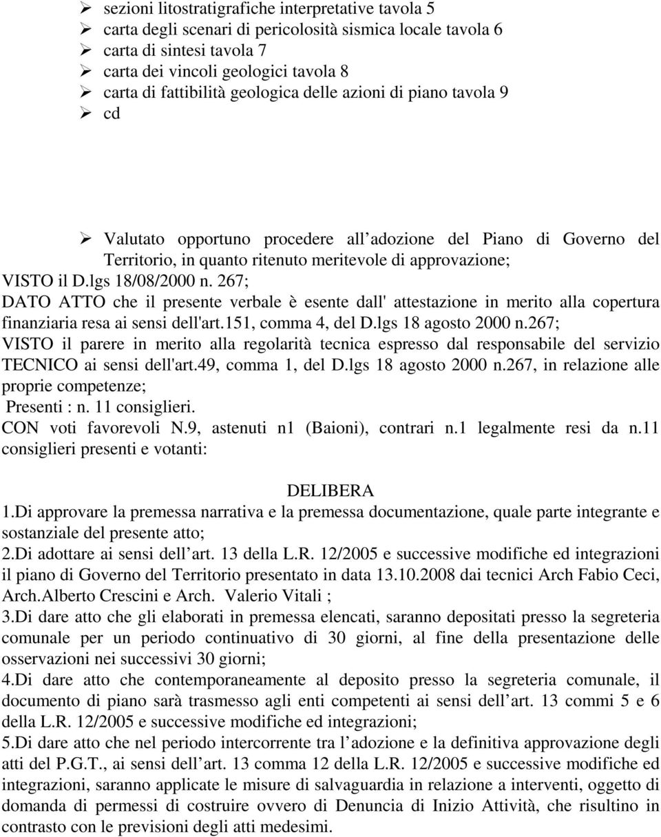 267; DATO ATTO che il presente verbale è esente dall' attestazione in merito alla copertura finanziaria resa ai sensi dell'art.151, comma 4, del D.lgs 18 agosto 2000 n.