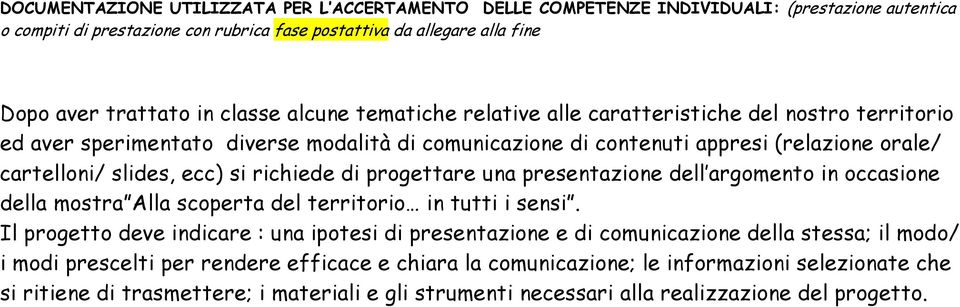 richiede di progettare una presentazione dell argomento in occasione della mostra Alla scoperta del territorio in tutti i sensi.