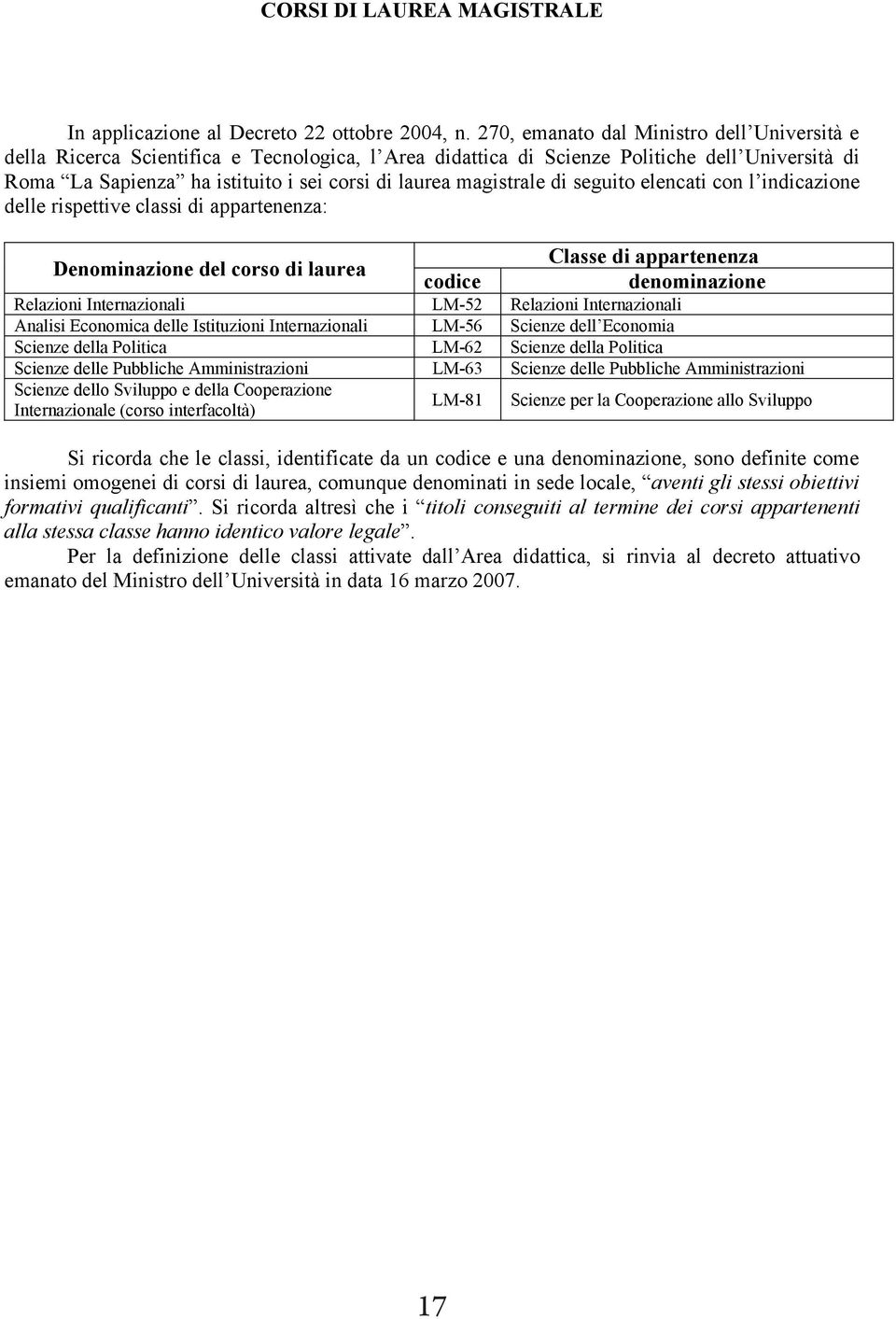 magistrale di seguito elencati con l indicazione delle rispettive classi di appartenenza: Denominazione del corso di laurea Classe di appartenenza codice denominazione Relazioni Internazionali LM-52